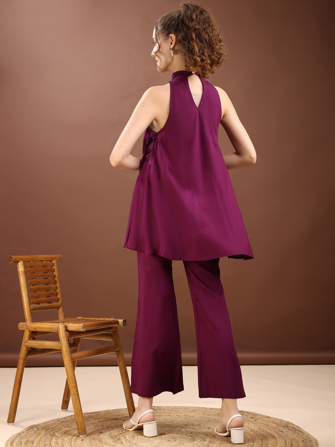 Wine Colored Halter Neck Rayon Sleeveless Top With Bell Bottom Pant Co-ords Set